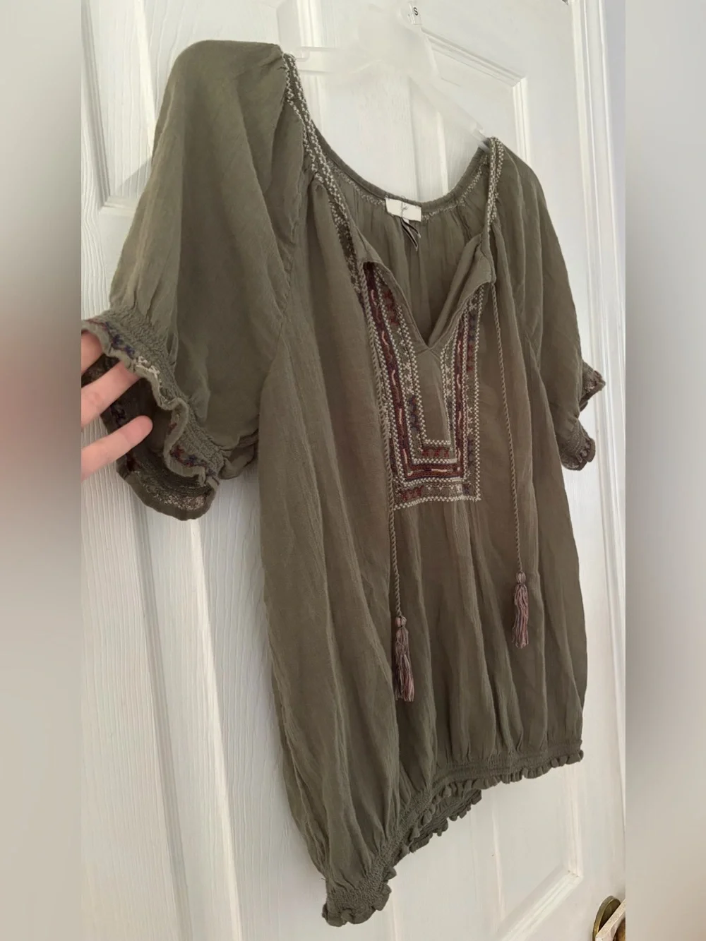 Joie Olive Embroidered V-Neck Peasant Blouse